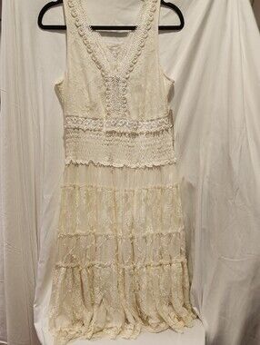 Vasna Desire Elegant Vintage White Embroidered & Crochet & Lace  Maxi Sundress L